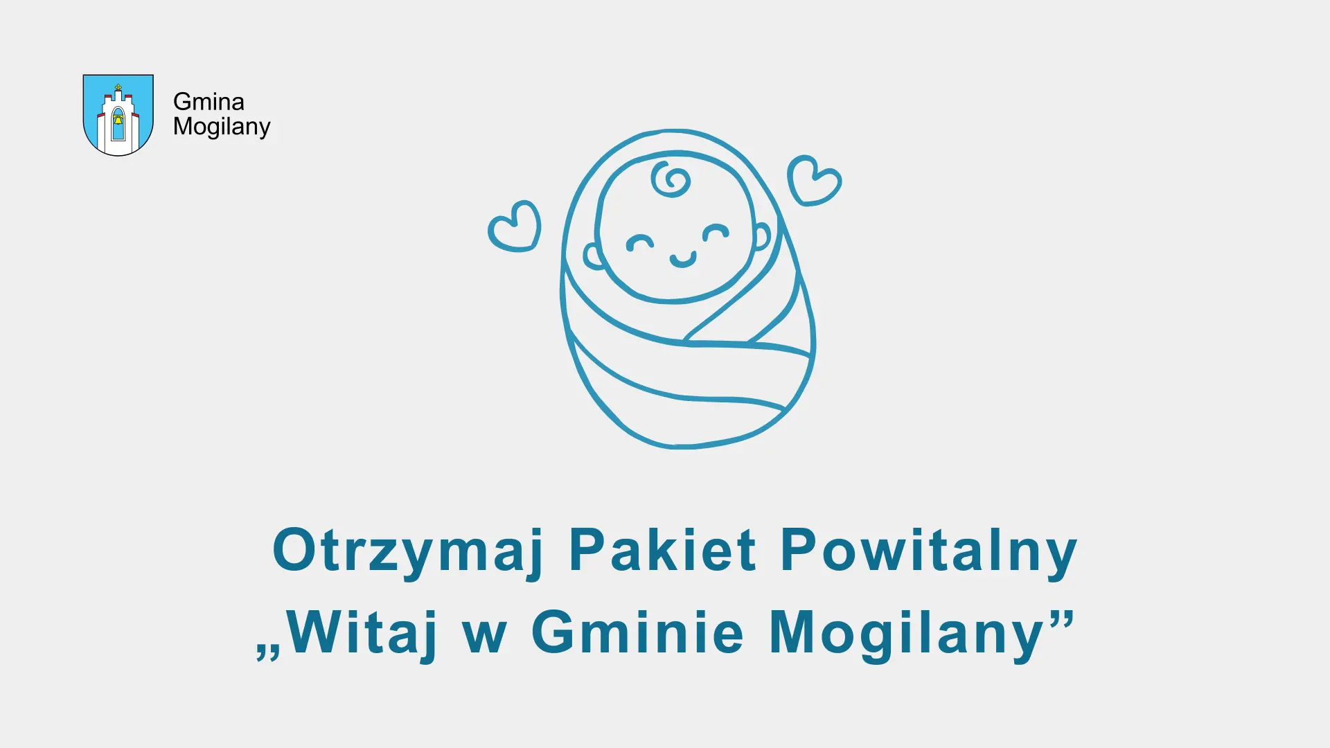 Grafika z noworodkiem oraz napis: Akcja Promocyjna Witaj w Gminie Mogilany